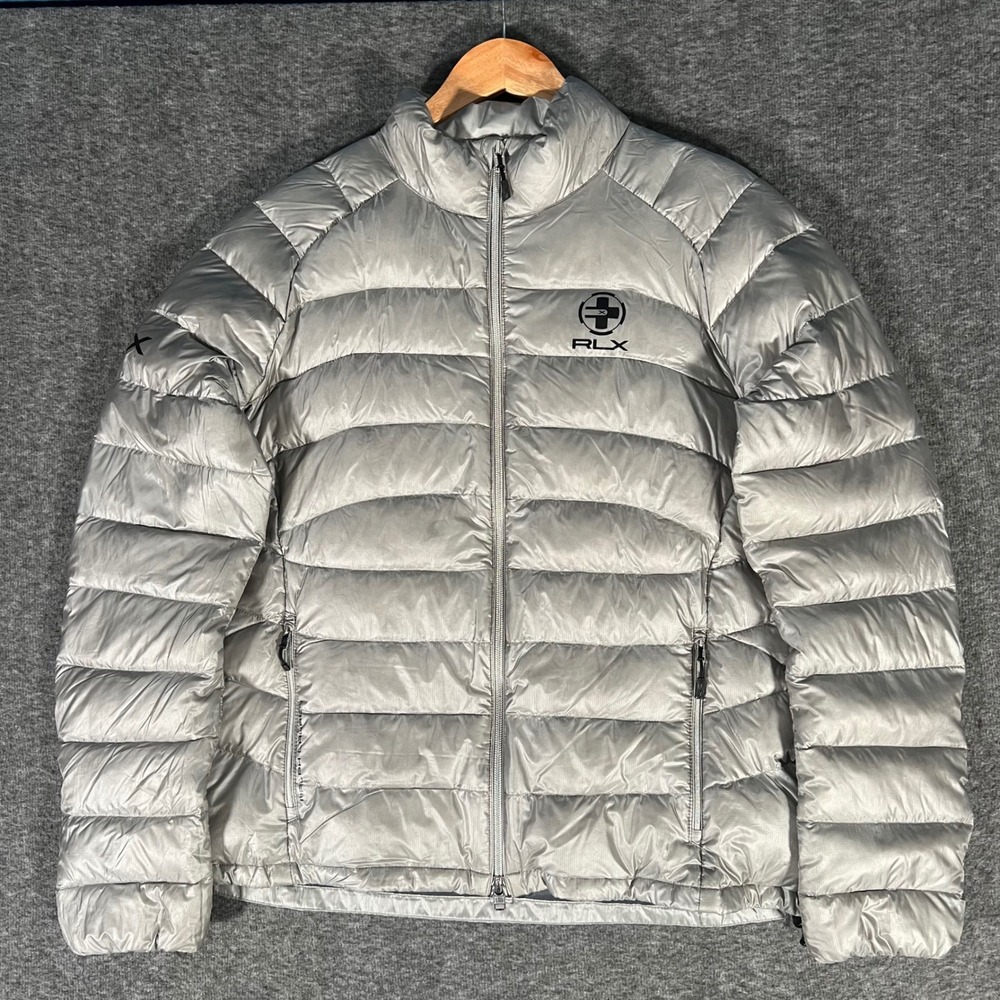 RLX Ralph Lauren Mens Large Silver Puffer Jacket Metallic Quilted Full Zip Coat